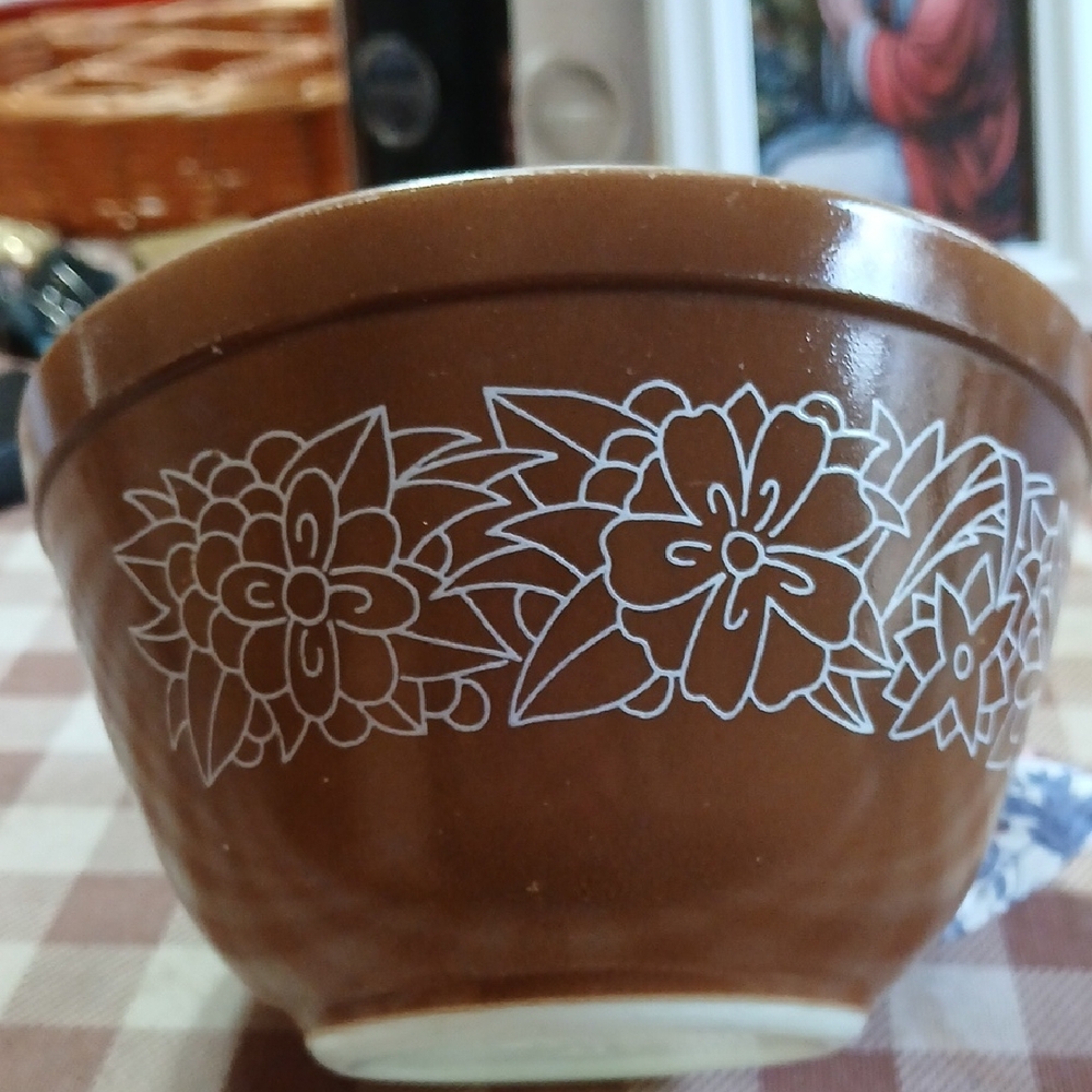 Pyrex Brown Ceramic Floral Mixing Bowl